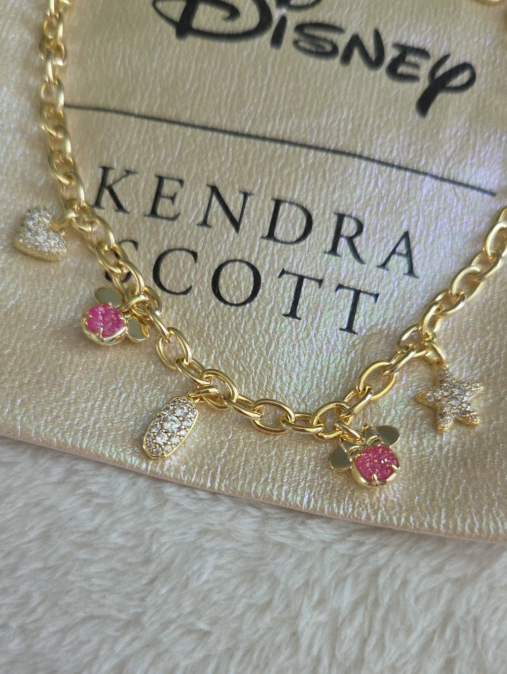 DISNEY X KENDRA SCOTT MICKEY & MINNIE MOUSE GOLD CHARM NECKLACE IRIDESCENT PINK